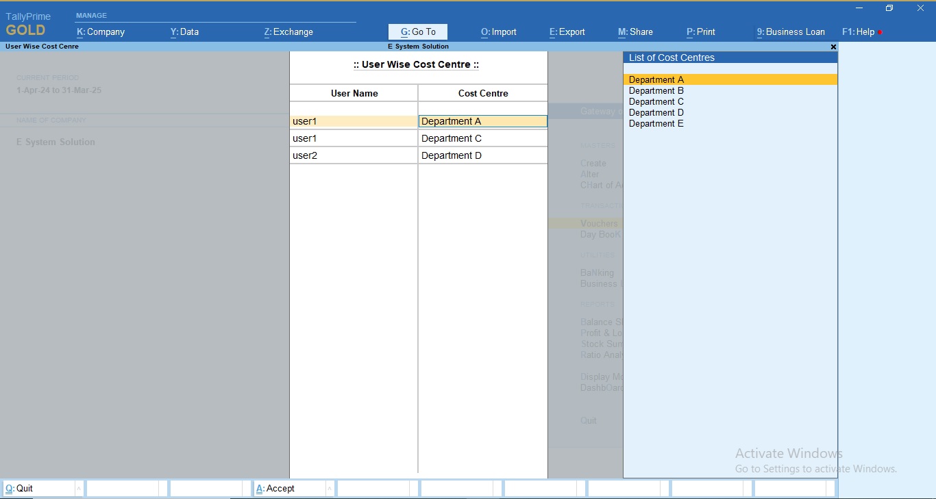 User Wise Cost Center Selection Control in Voucher Entry
